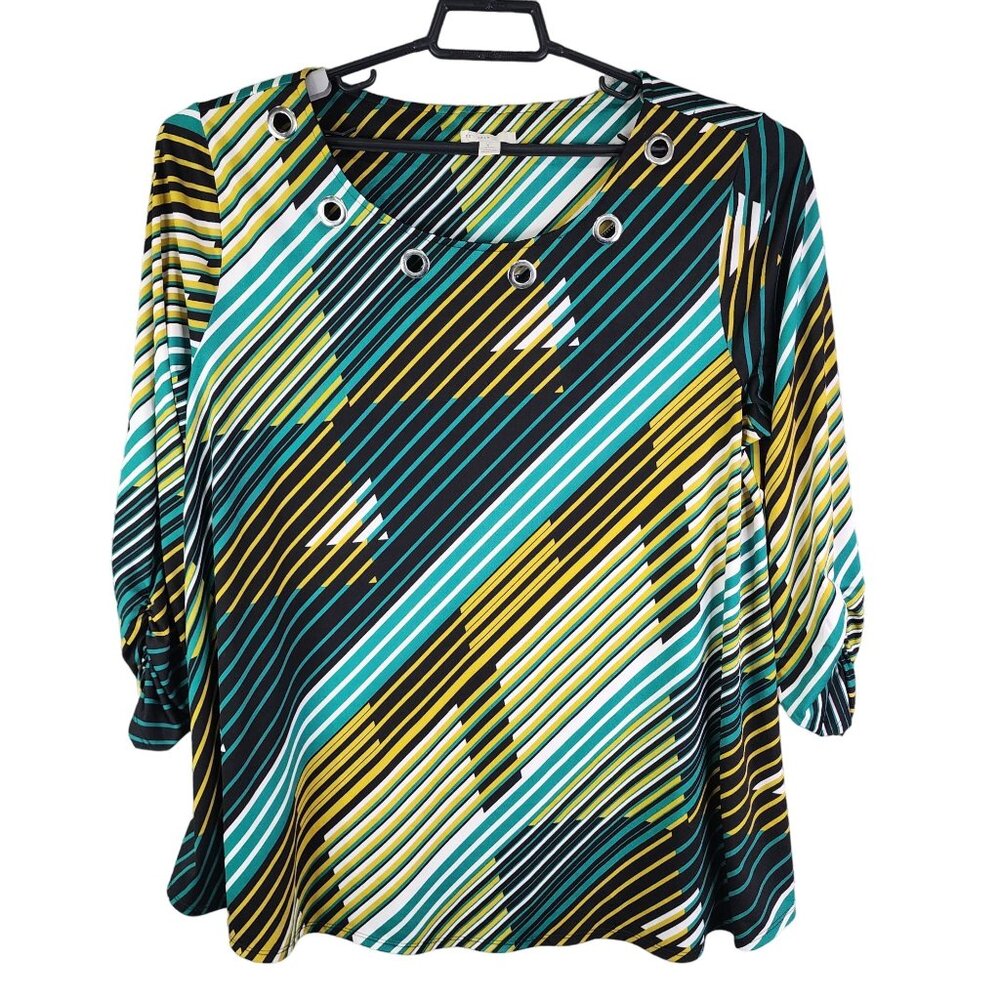 Women's Colorful Striped Blouse Top Grommet Detail Est. 1946 Long Sleeve XL